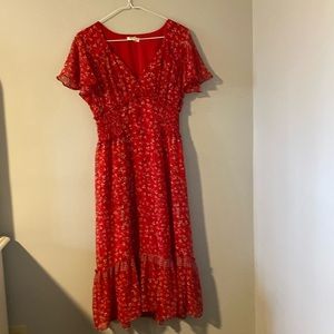 Max Studio Boho Red Ruffle Midi Floral Dress